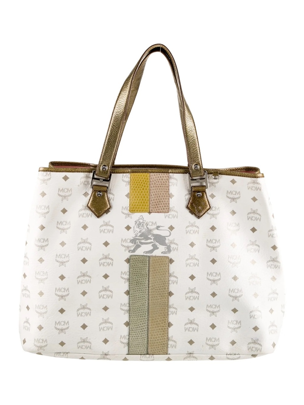 MCM White Visetos Princess Lion Tote Bag